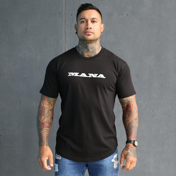 Mens black tshirt with silver maori design. Mana, kaha and purotu incorporated into the back design. Front