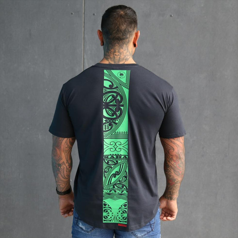 Mens navy tshirt with green maori design with the words Mana, Kaha and purotu incorporated. Back 
