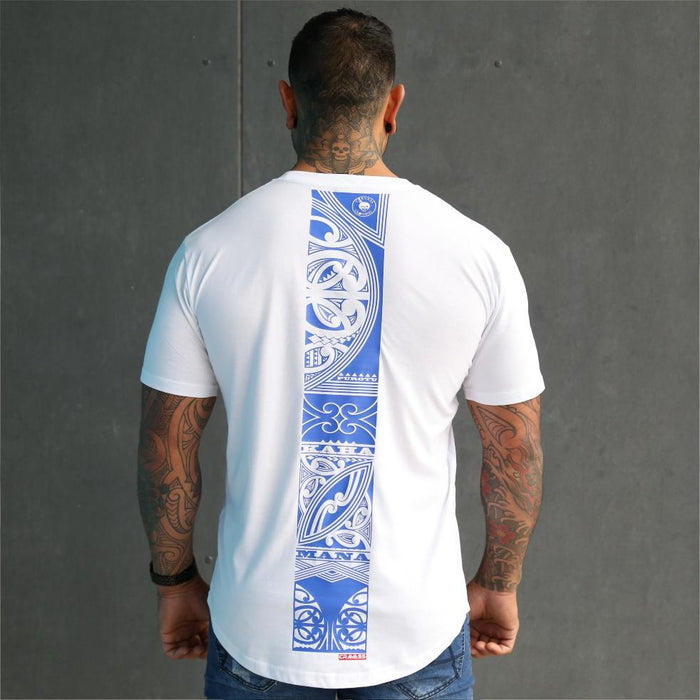 Mens white tshirt with large maori design down the back. Mana, Kaha and Purotu.  