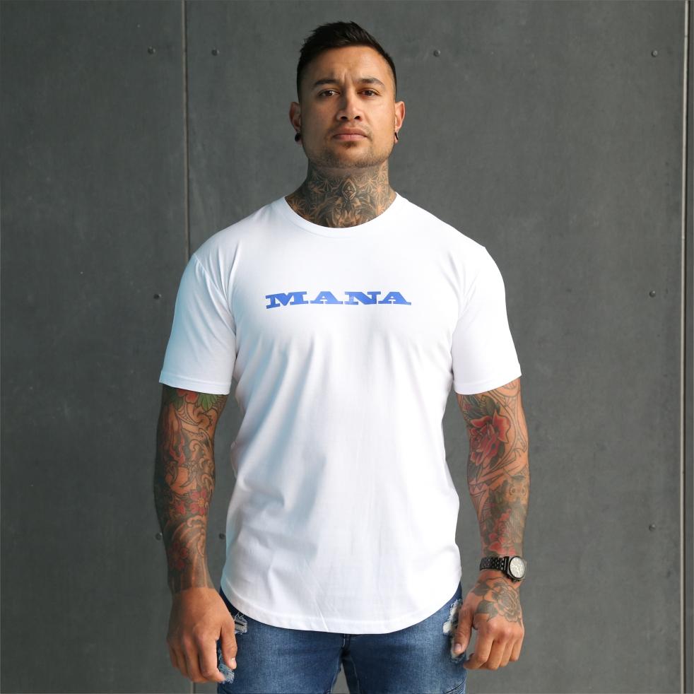 Mens white tshirt with the word Mana on the front. Maori clothing.