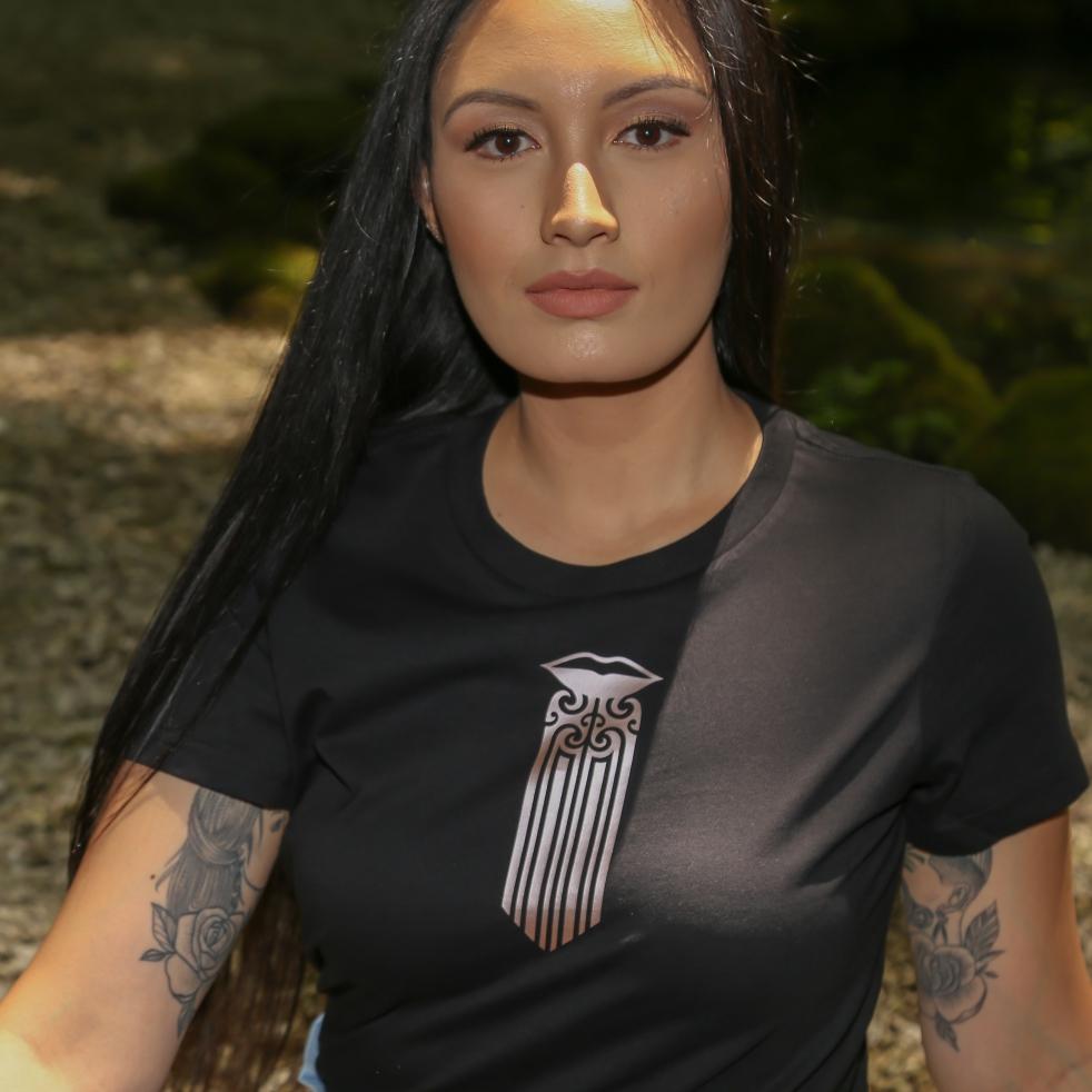 Women's black t shirt with Maori Moko Kauae design, front chest.