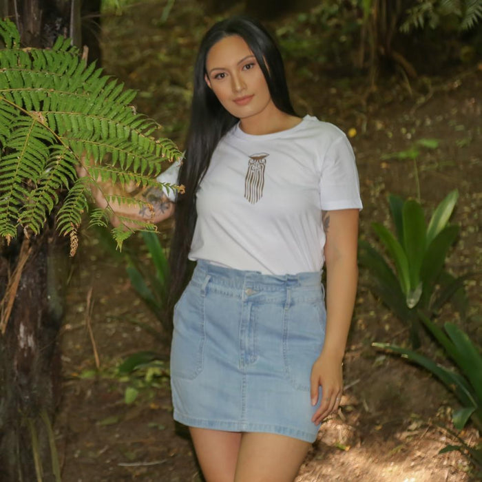 Women's white t shirt with Mocha Maori Moko Kauae design, front chest.