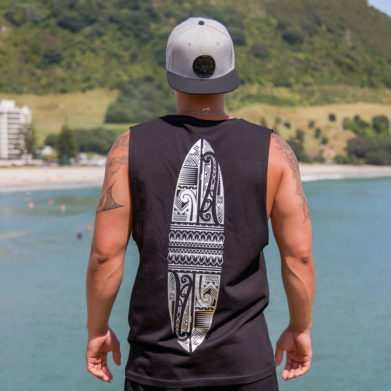 Cravass black tank top with silver Polynesian Maori design down the back 