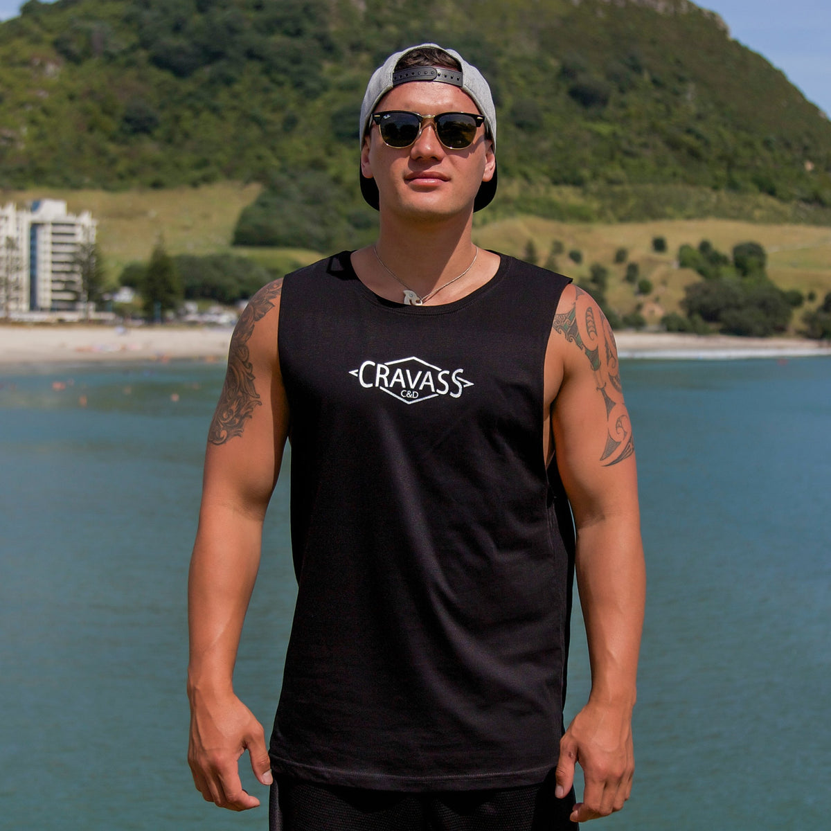 Cravass Black tank top (front) with Silver Polynesian Maori design down the back.