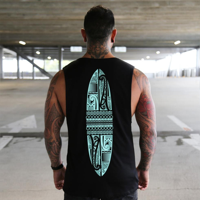 Black unisex singlet with mint colour maori surfboard design. Maori clothing. Back view 