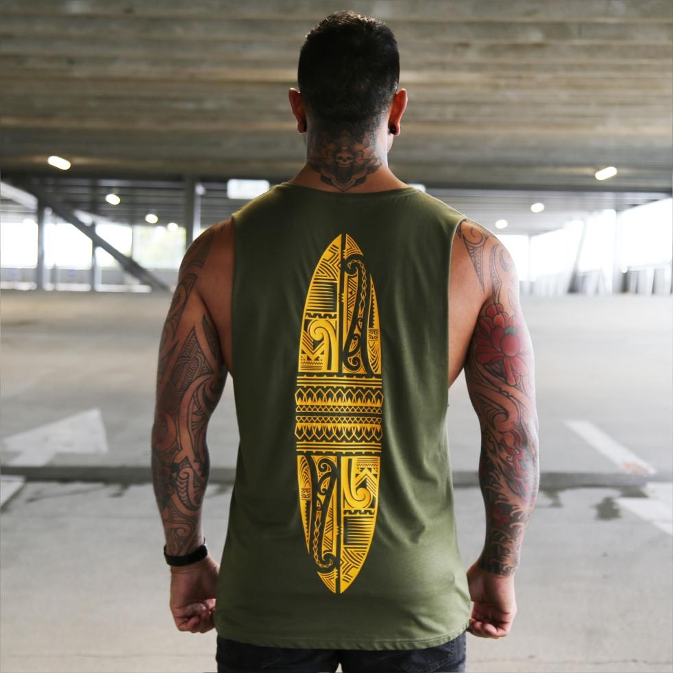 Yellow on Army Green summer singlet. Yellow maori design from Cravass. Back view