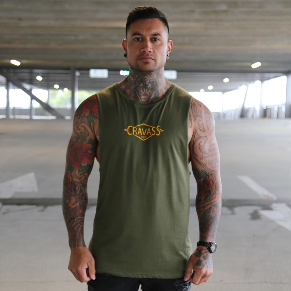 Yellow on Army Green summer singlet. Yellow maori design from Cravass. Front view