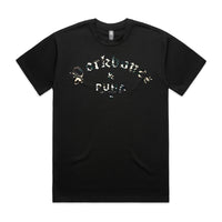 Men's black heavyweight T-shirt with Camo Pork bones and Puha design.