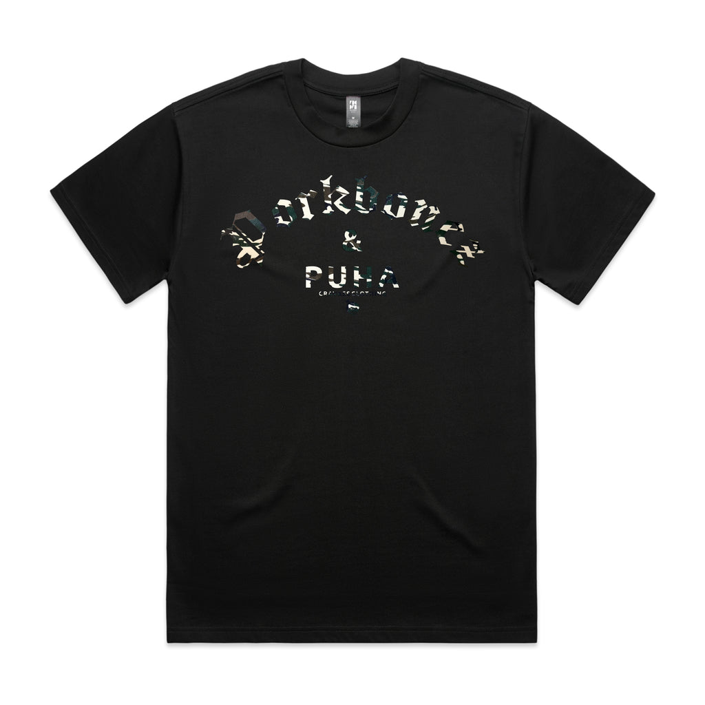 Men's black heavyweight T-shirt with Camo Pork bones and Puha design.