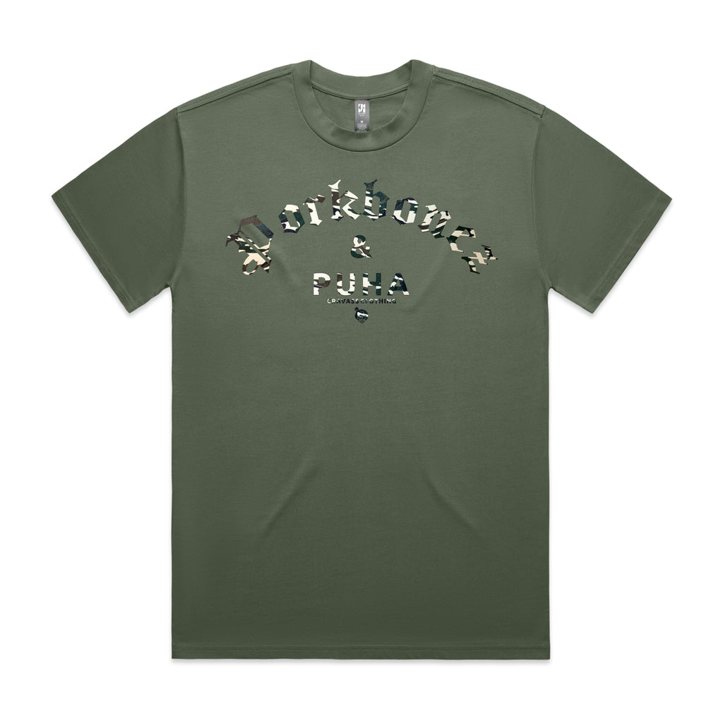 Men's Green heavyweight T-shirt with Camo Pork bones and Puha design.