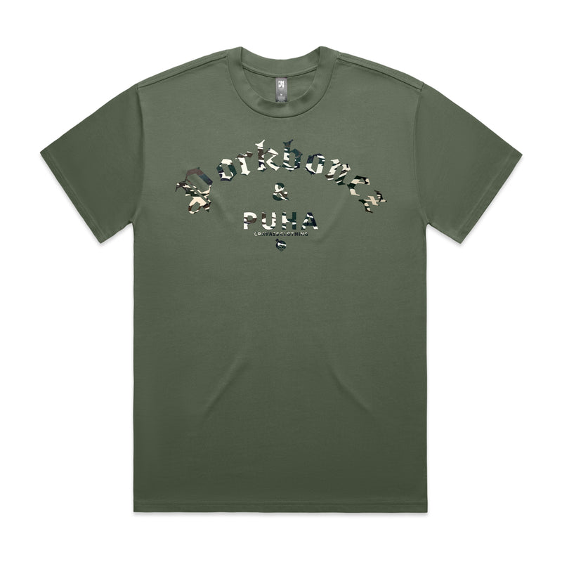 Men's Green heavyweight T-shirt with Camo Pork bones and Puha design.
