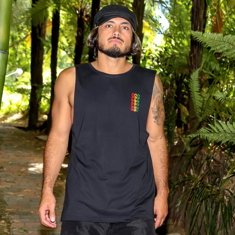Men's black singlet with large Rasta coloured Maori design from Cravass clothing. Front view.