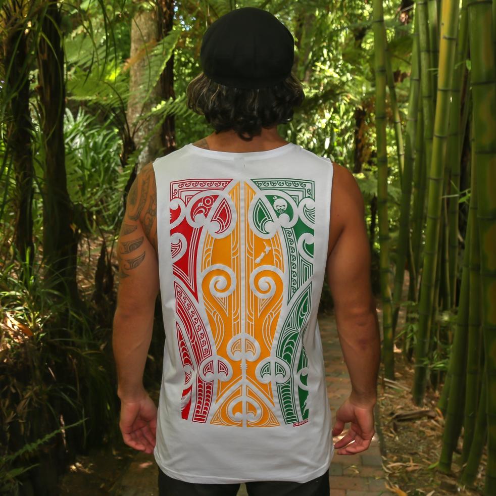 Men's white singlet with large Rasta coloured Maori design from Cravass clothing. Back view.