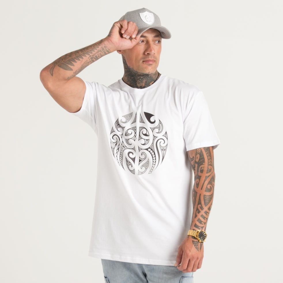 Black on white men's t-shirt from Cravass clothing. Original Maori ta moko design.