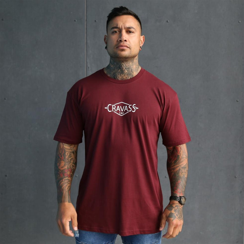 Mens tshirt with white design on a awesome burgundy tshirt, New Zealand streetwear. Front view.