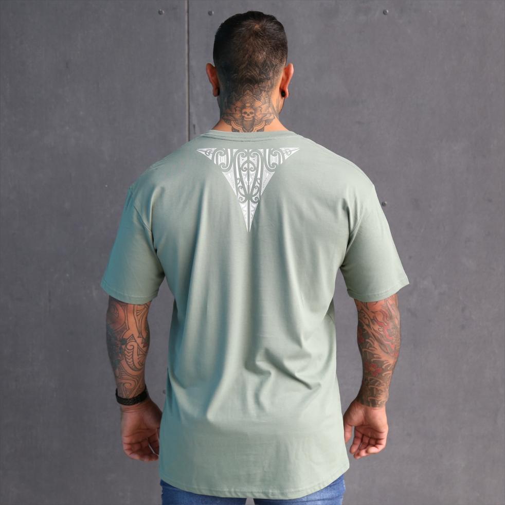 Mens sage coloured tshirt with white triangle maori design on the back. Maori clothing