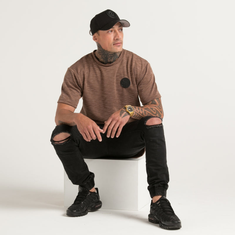Brown textured men's tops with leather patched logo from Cravass Clothing.
