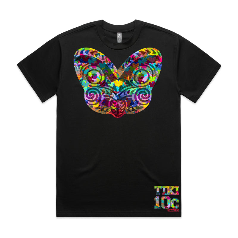 Men's black heavyweight t-shirt with colourful Maori tiki design from Cravass clothing.