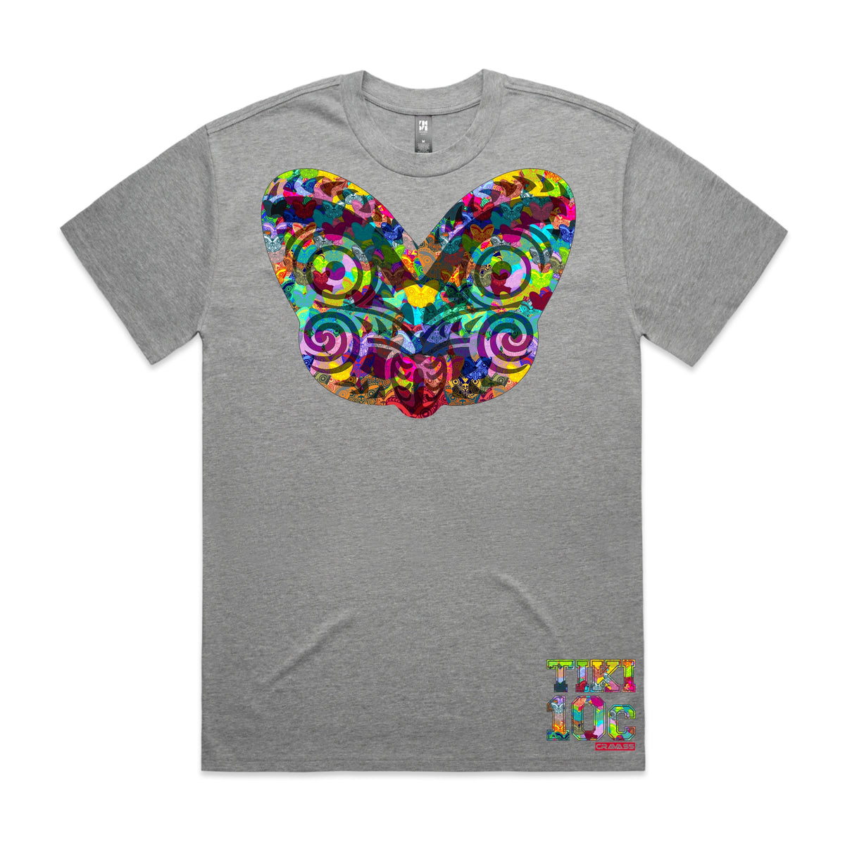 Men's grey heavyweight t-shirt with colourful Maori tiki design from Cravass clothing.