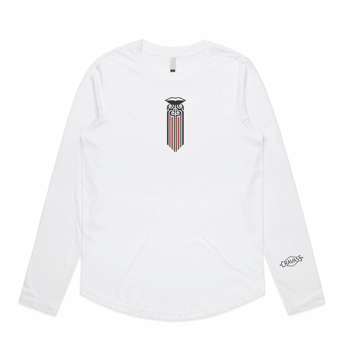 Women’s white longsleeve T-shirt with black and red Maori Moko Kauae desige.