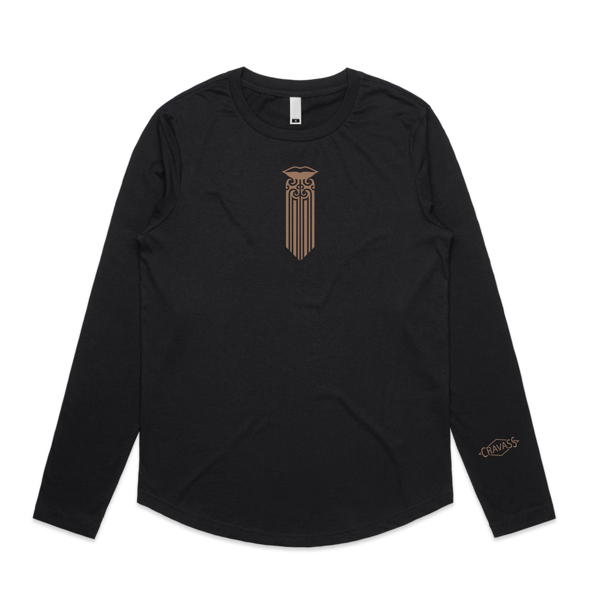 Women’s black longsleeve T-shirt with Mocha brown Maori Moko Kauae desige.