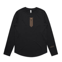 Women’s black longsleeve T-shirt with Mocha brown Maori Moko Kauae desige.